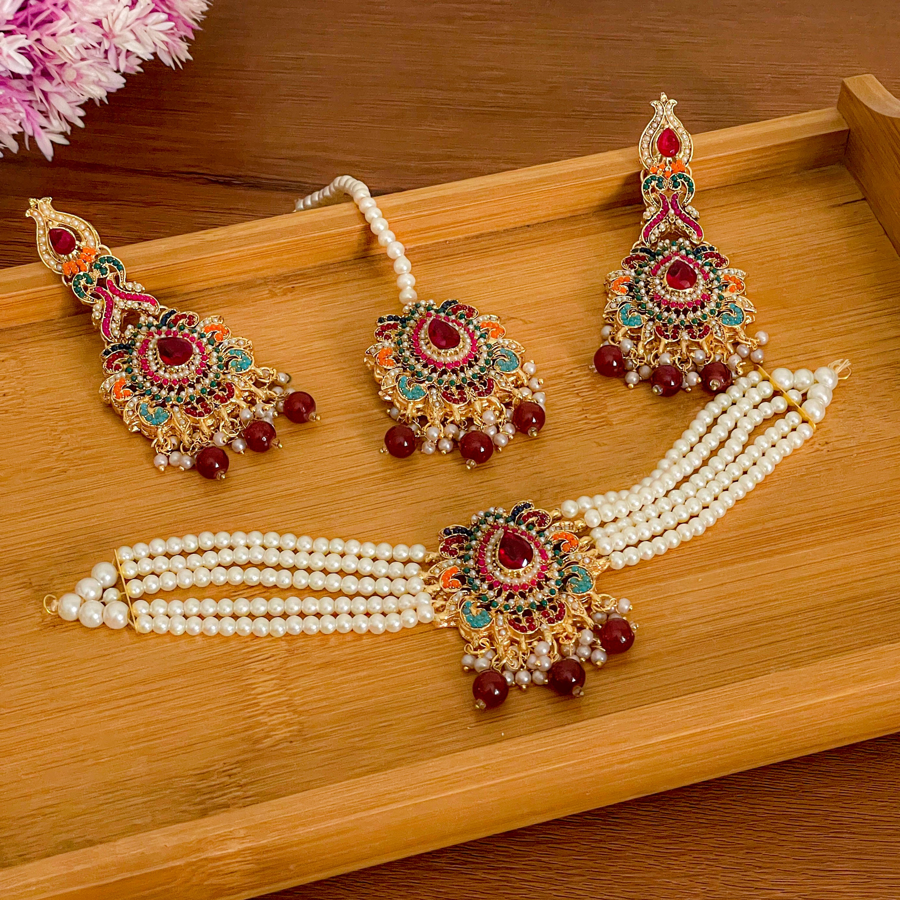 Jashn-e-Bahara Pakistani choker set in Ruby - wedding jewelry Dubai premium gift box