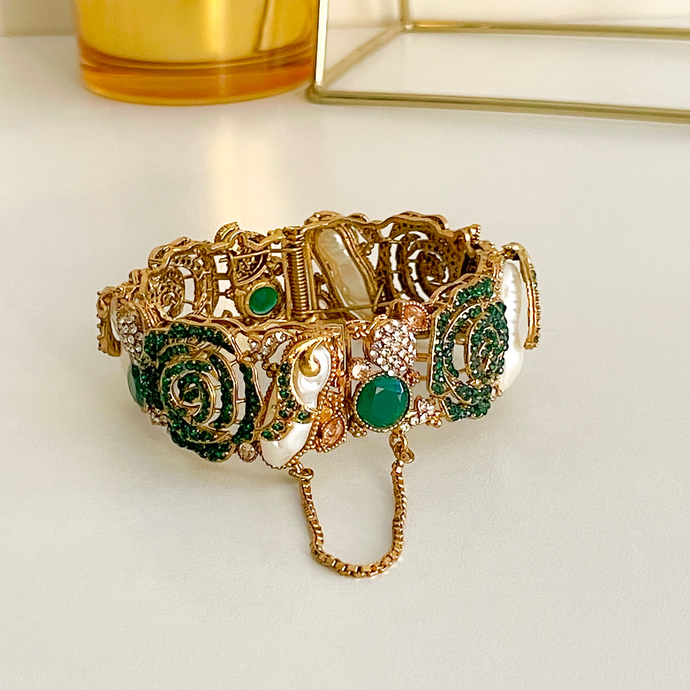 Kangan-e-Sitare rose quartz bangles in Emerald Green - handmade artificial jewelry UAE COD available