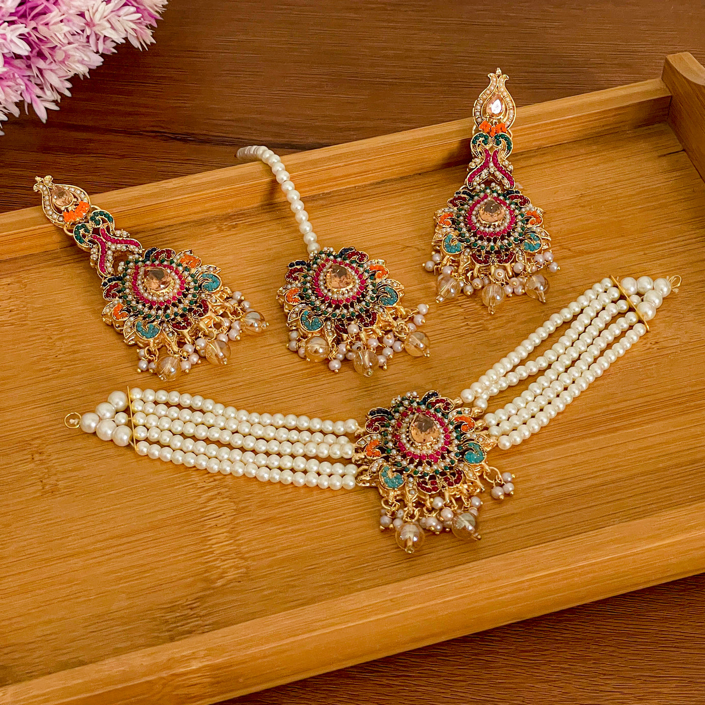 Jashn-e-Bahara Pakistani choker set in champagne - wedding jewelry Dubai premium gift box
