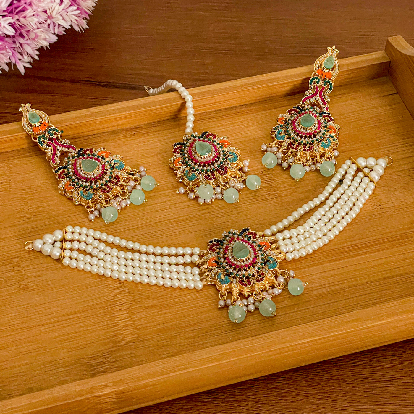 Jashn-e-Bahara Pakistani choker set in seafoam - wedding jewelry Dubai premium gift box