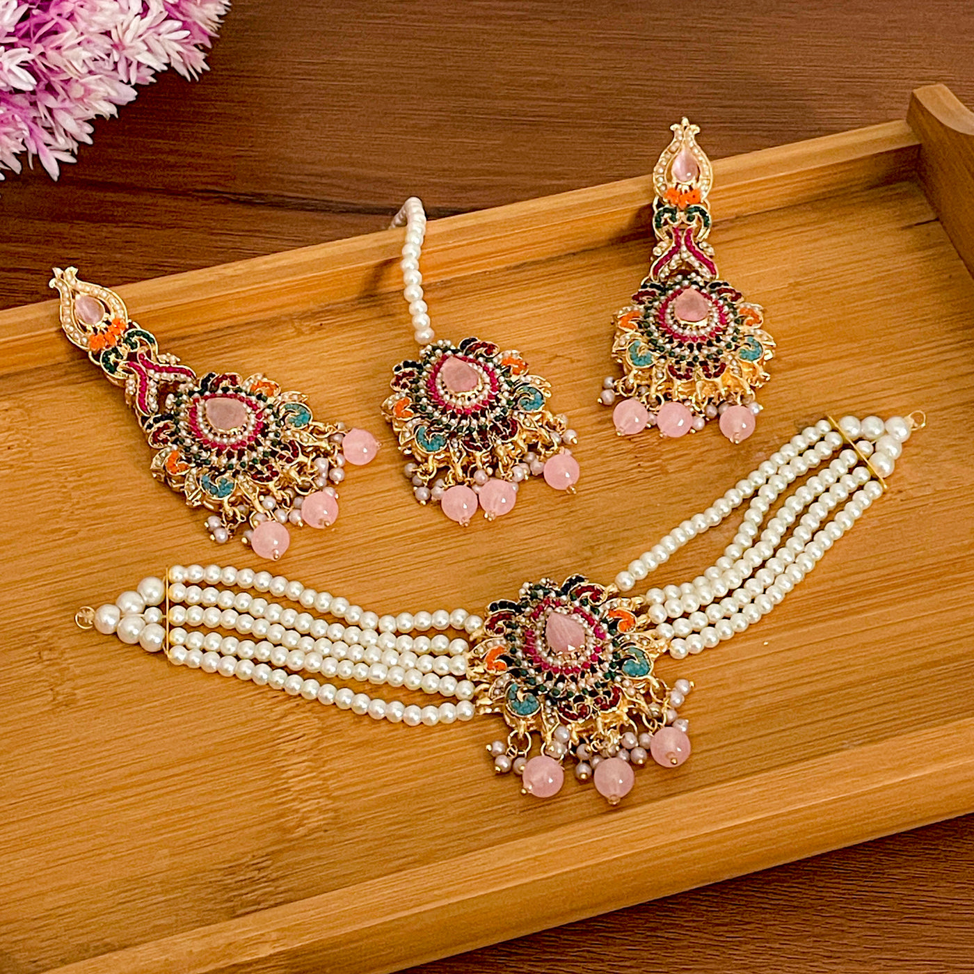 Jashn-e-Bahara Pakistani choker set in Rose - wedding jewelry Dubai premium gift box