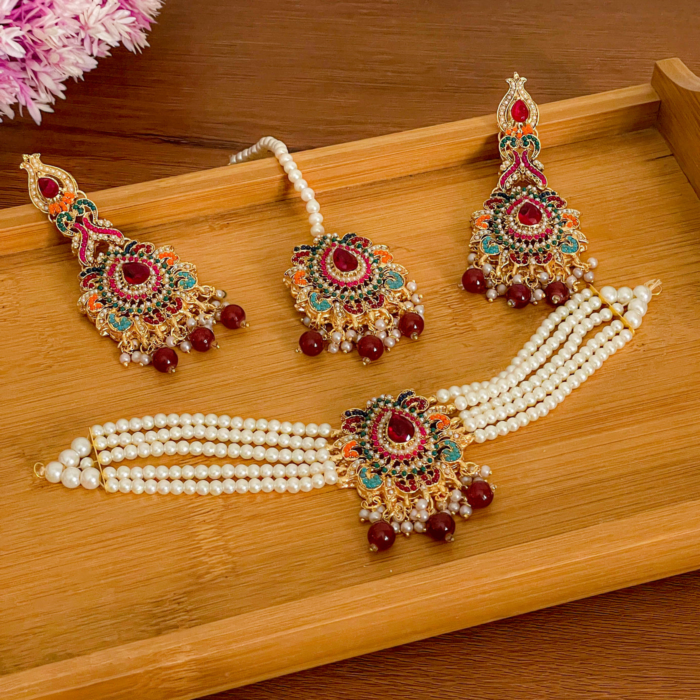 Jashn-e-Bahara Pakistani choker set in Ruby - wedding jewelry Dubai premium gift box