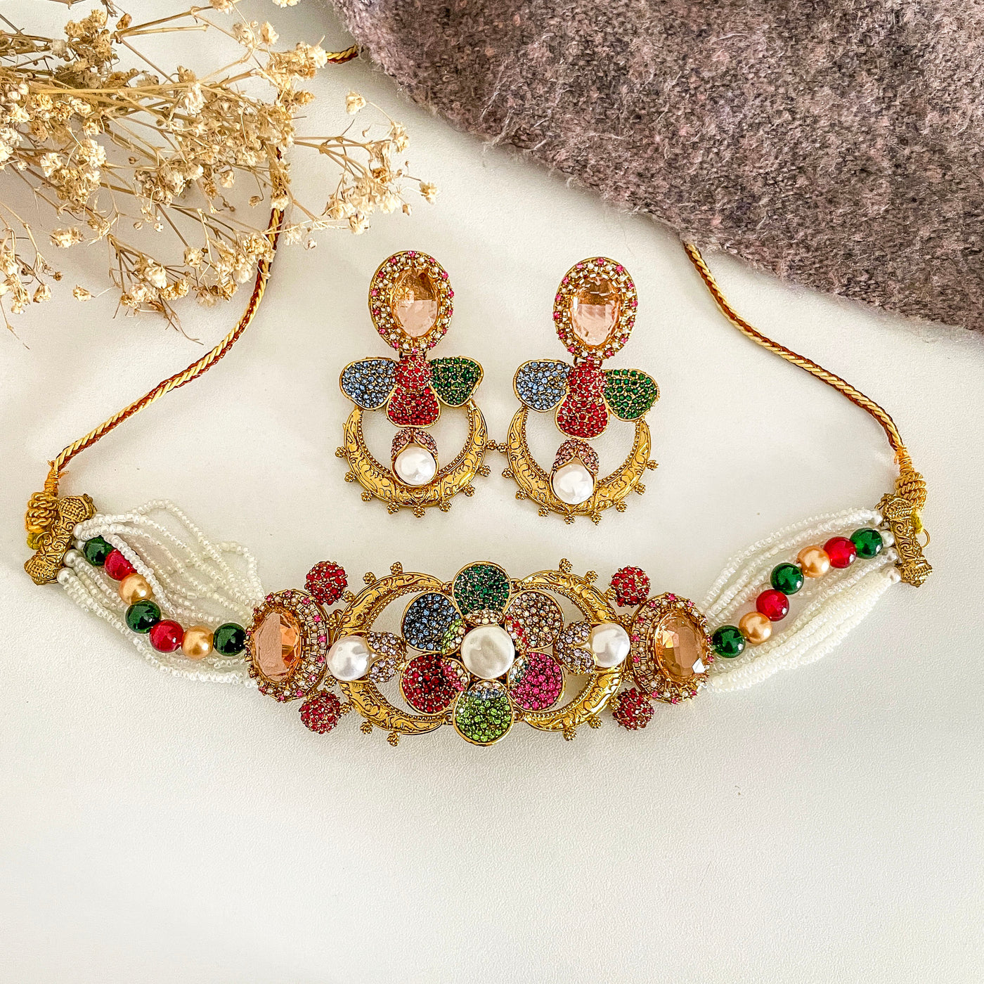 Rangreza handmade choker set in champagne - Pakistani jewelry Dubai Eid Diwali gift