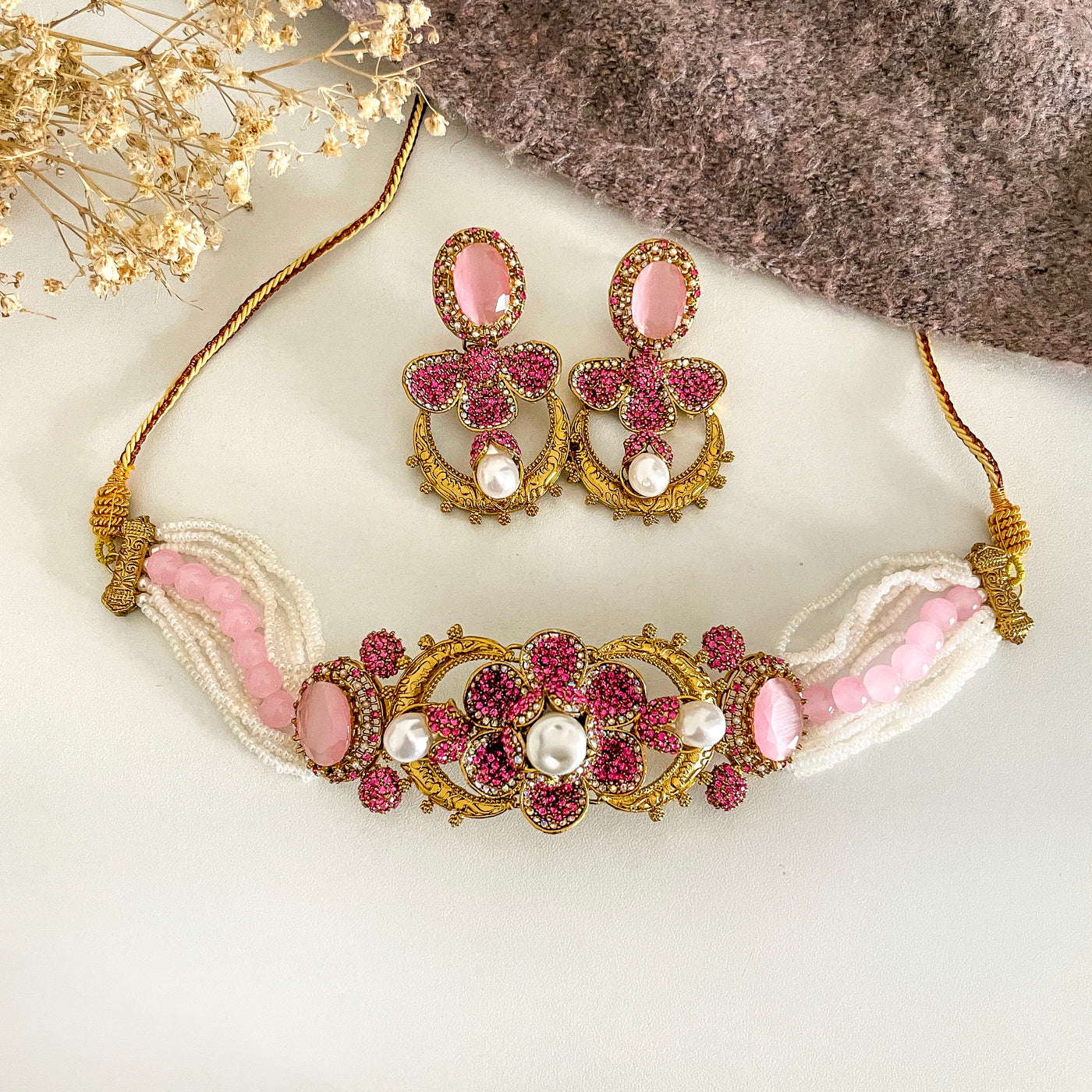 Rangreza handmade choker set in rose - Pakistani Indian jewelry UAE COD available
